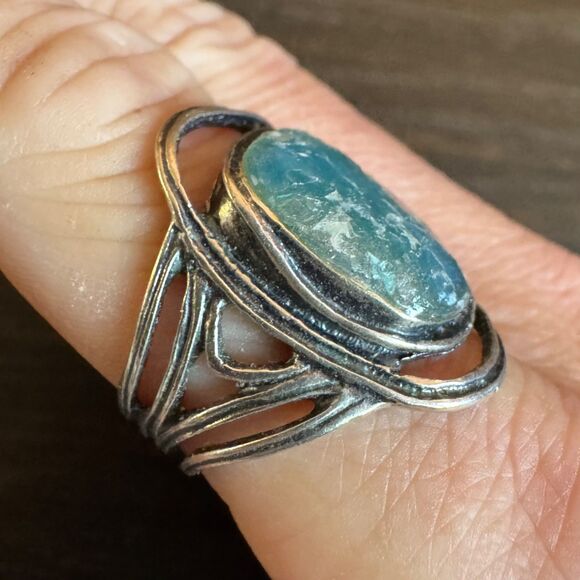 Vintage PZ Israel Roman Glass & Sterling Silver Ring, Size 8.8 by Paz Blue 925 - Picture 5 of 16